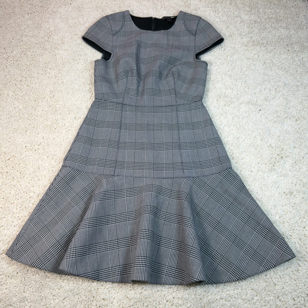 J.Crew Plaid Fit & Flare Dress Womens 2 Grey Glen Check Ruffle Hem B0886 FA14